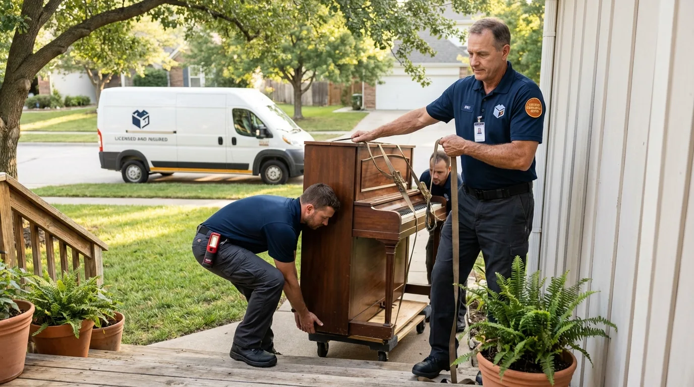 Licensed piano movers securing grand piano in Ashfield, MA