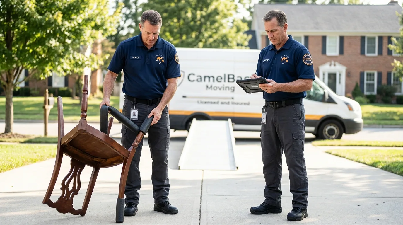 Movers inspecting furniture for damage prevention before loading in Ashfield, MA