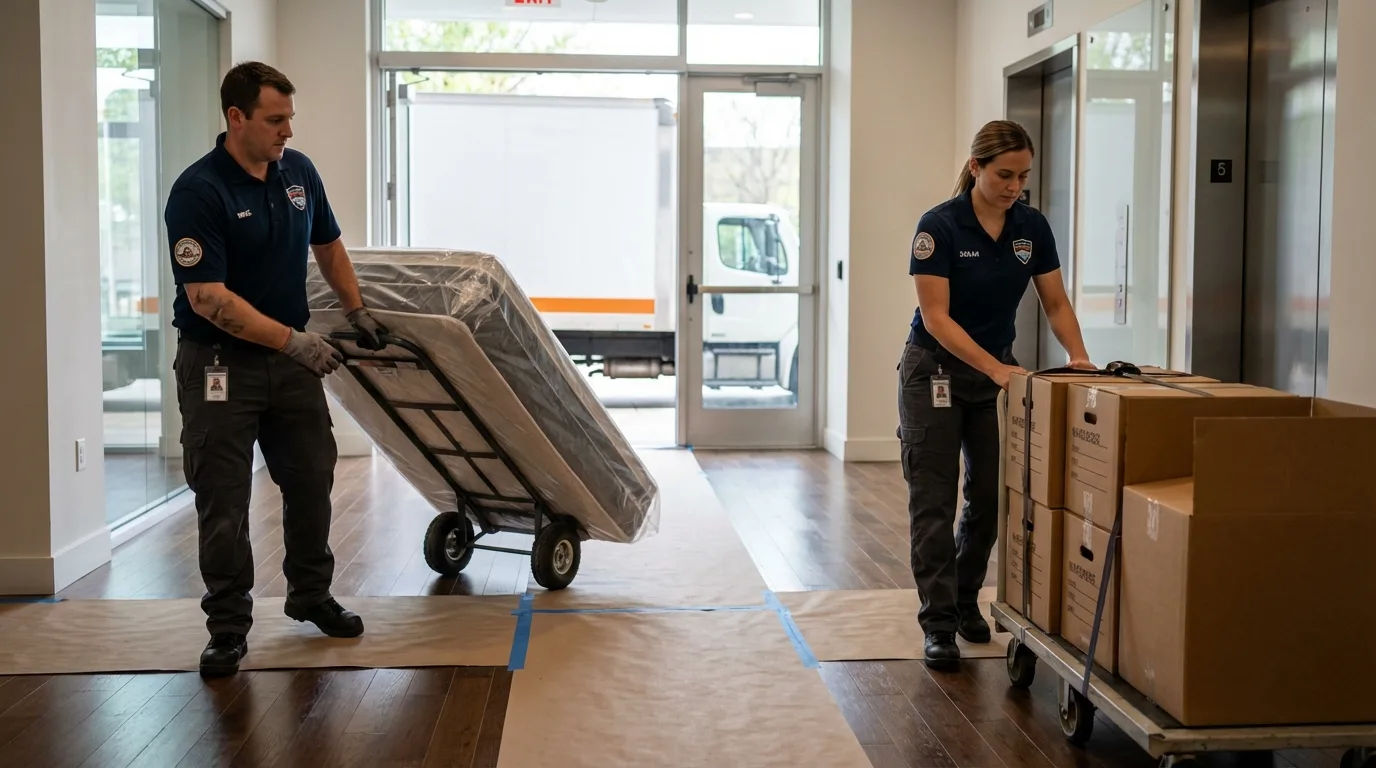 Professional apartment movers loading elevator in Ashfield, MA